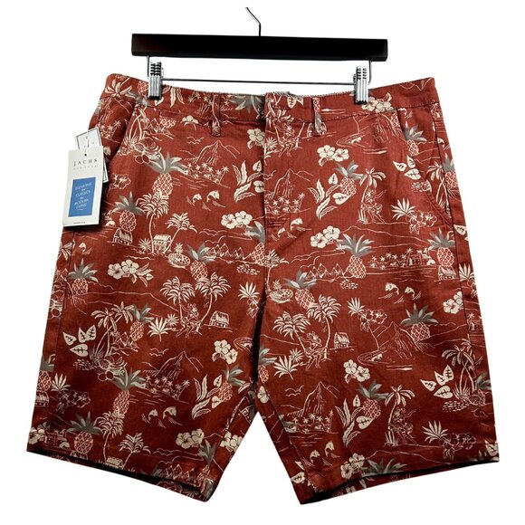 🩳 JACHS Men's Preppy NYC Red Island Print Resortwear Stretch Twill Shorts 38" - Picture 2 of 14